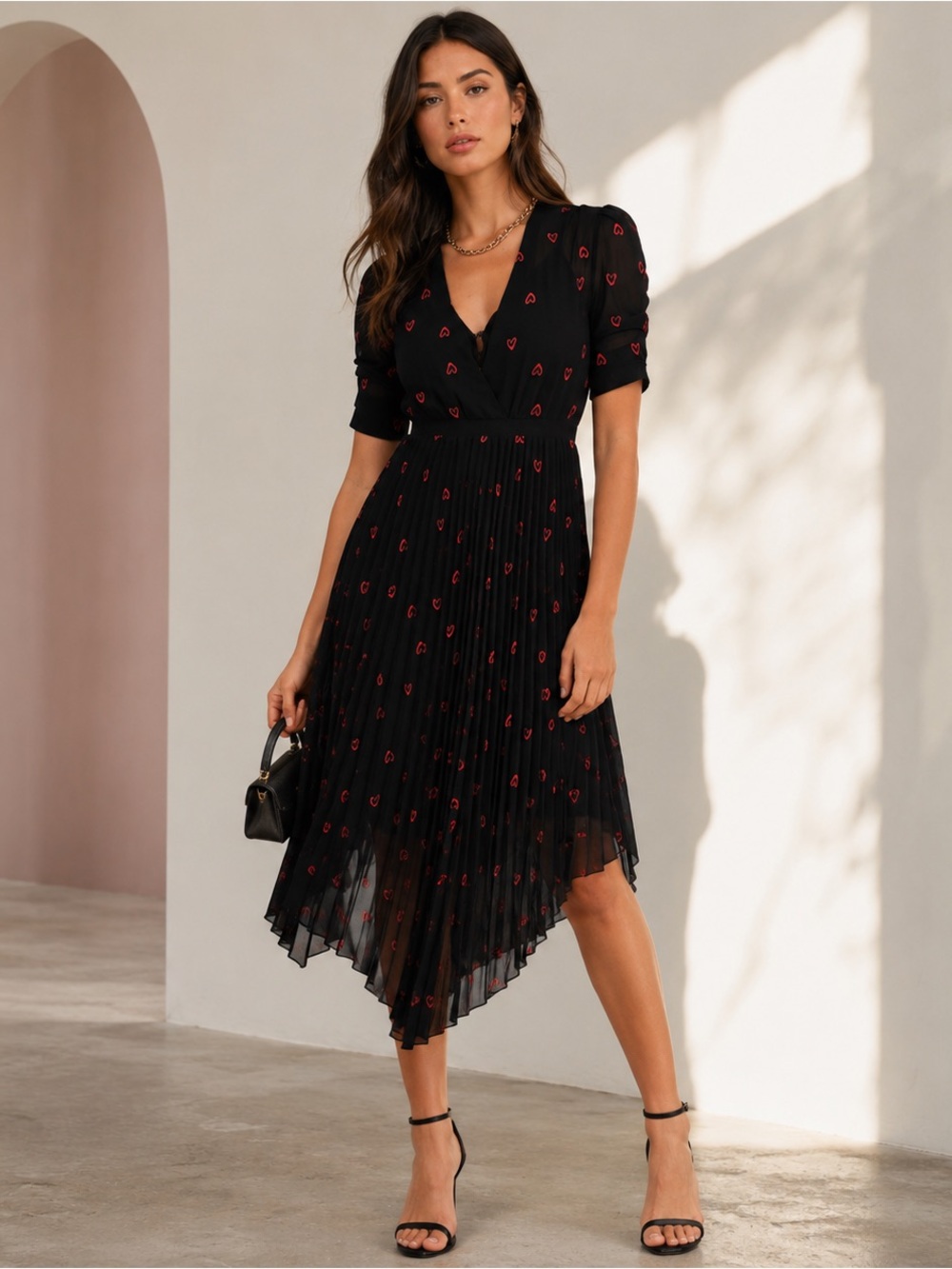 Maje Black Pink Heart Embroidered Asymmetric Pleat Chiffon Midi Dress Size US 8